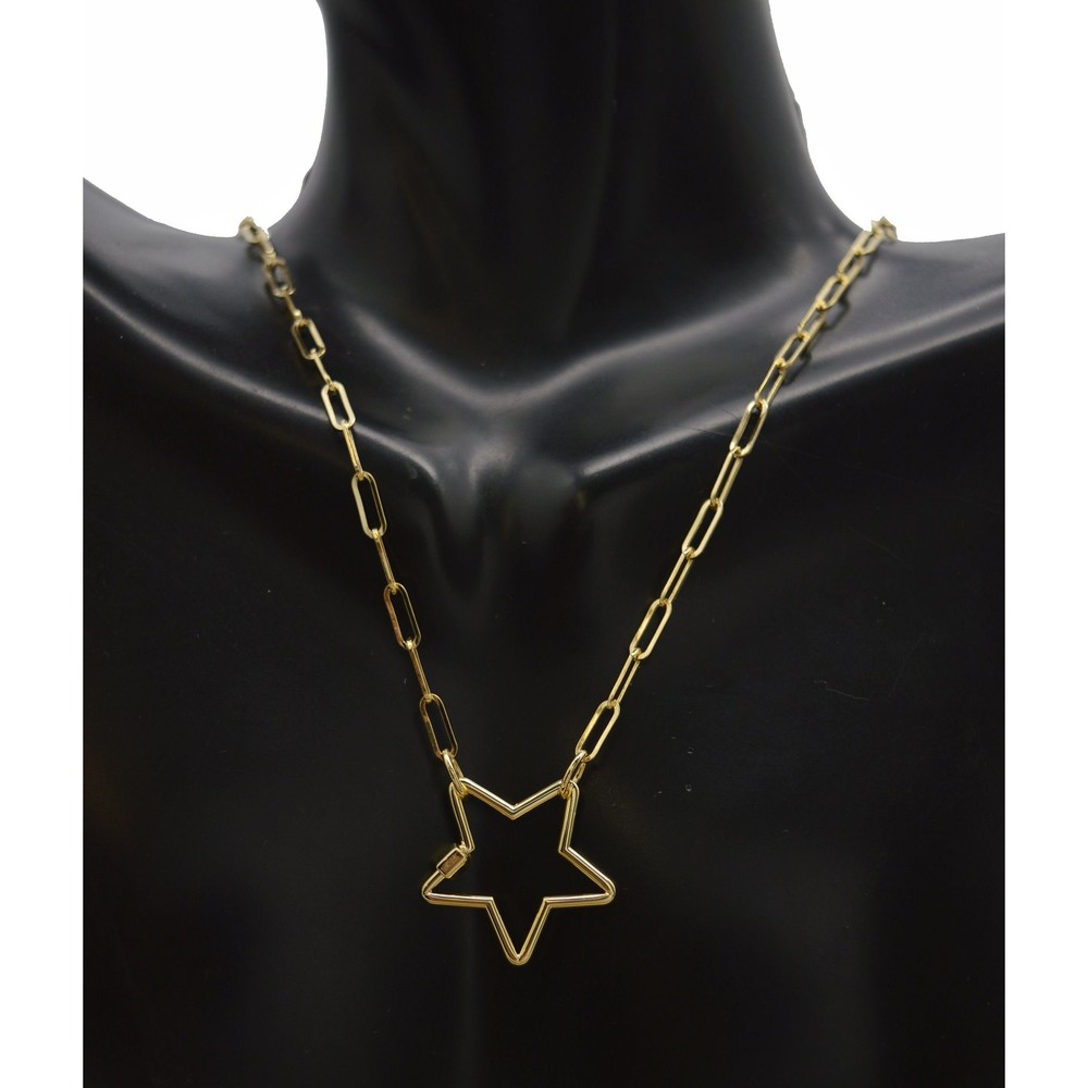 Real 14K Yellow Gold 18 Star Carabiner Clasp Paperclip Chain Necklace 3.2 gr